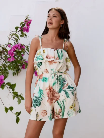 White Ground Textured Jersey Frill Bandeau Playsuit