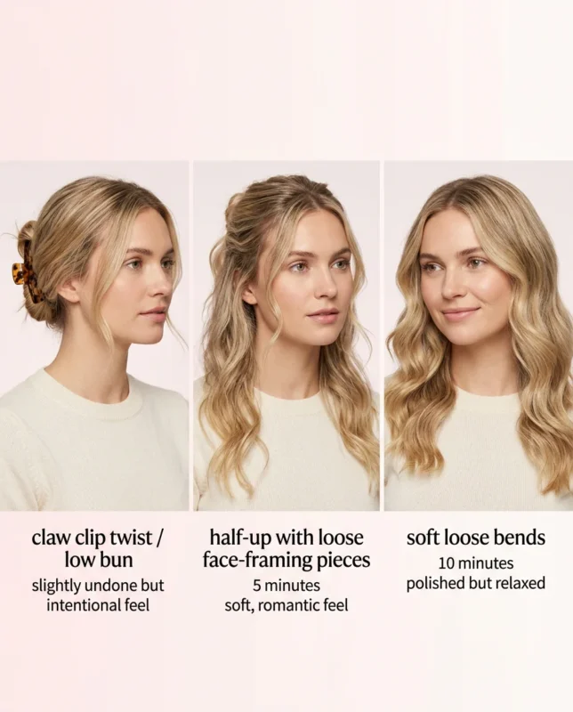 Three hairstyles showing quick options based on time including waves, half-up, and claw clip.