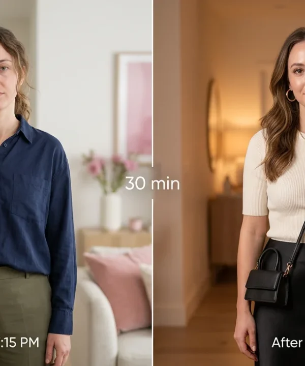 Before and after transformation from casual work look to polished date night outfit, hair, and makeup.