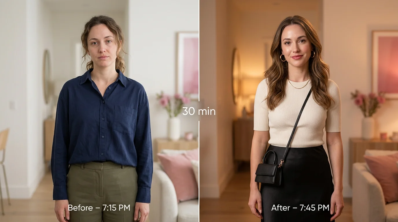 Before and after transformation from casual work look to polished date night outfit, hair, and makeup.