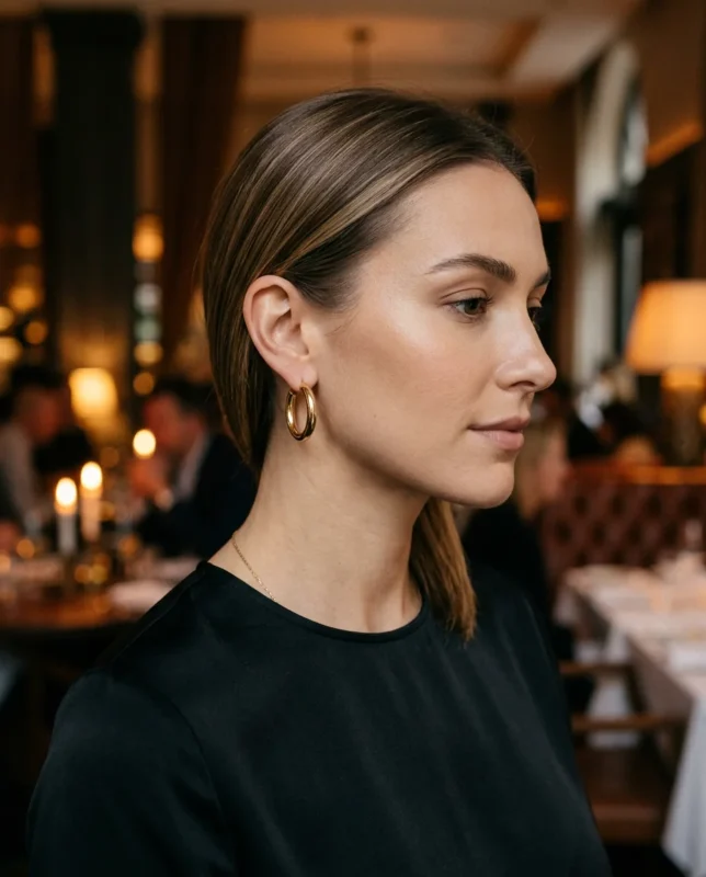 Woman wearing gold hoop earrings completing a minimal date night outfit.