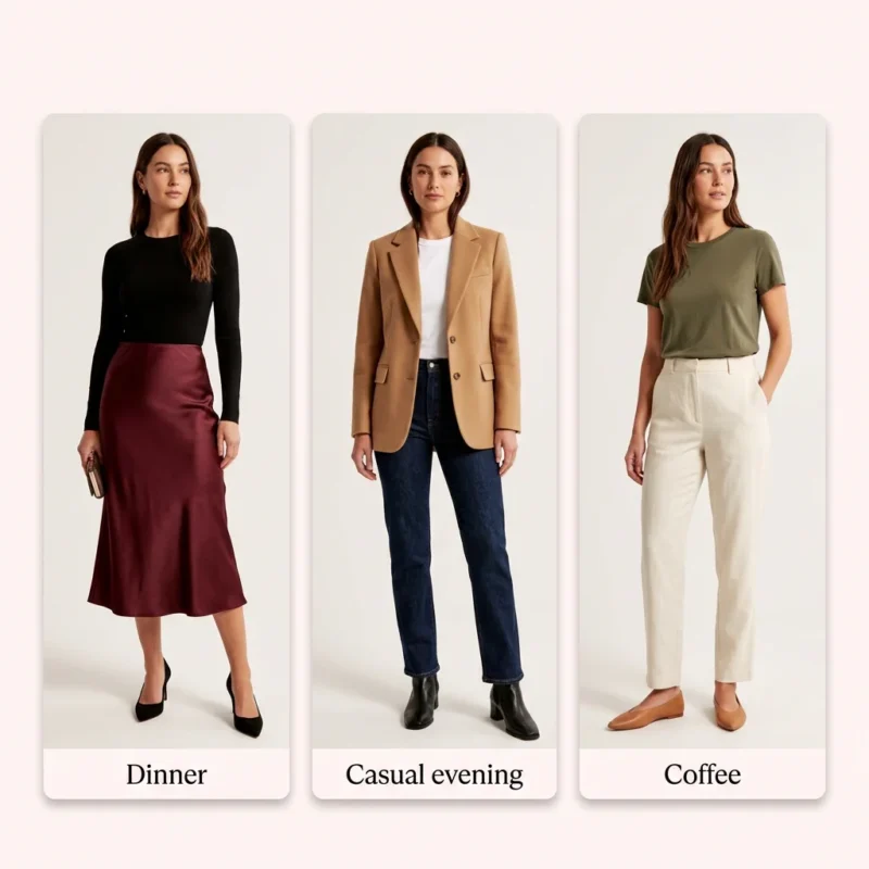 Three outfit options for dinner, casual evening, and coffee date styled on real women.