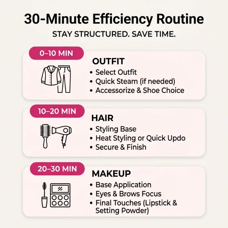 Timeline showing how to divide 30 minutes into outfit, hair, and makeup.