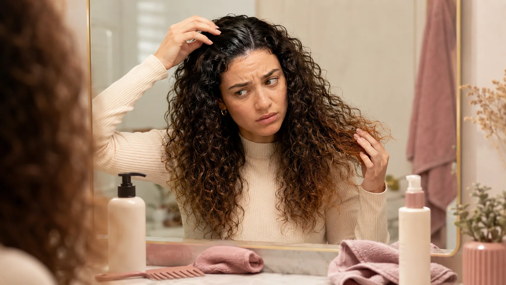curly hair with greasy roots and dry ends showing scalp oil and dry curl ends