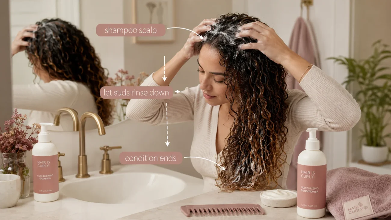 curly hair wash method focusing shampoo on oily scalp and protecting dry ends