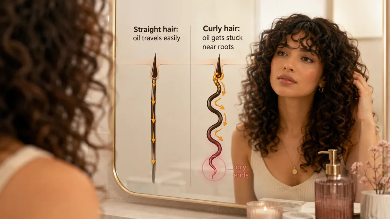 diagram showing scalp oil struggling to travel down curly hair strands